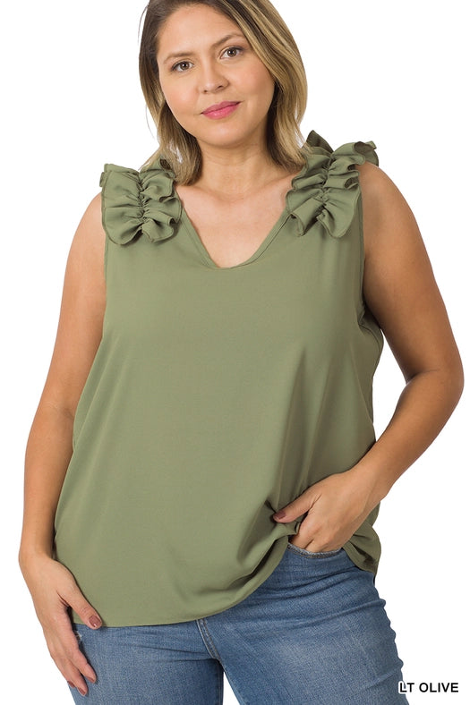 SI-22642 Plus Size Woven Wool Dobby Ruffle Trim Sleeveless Top