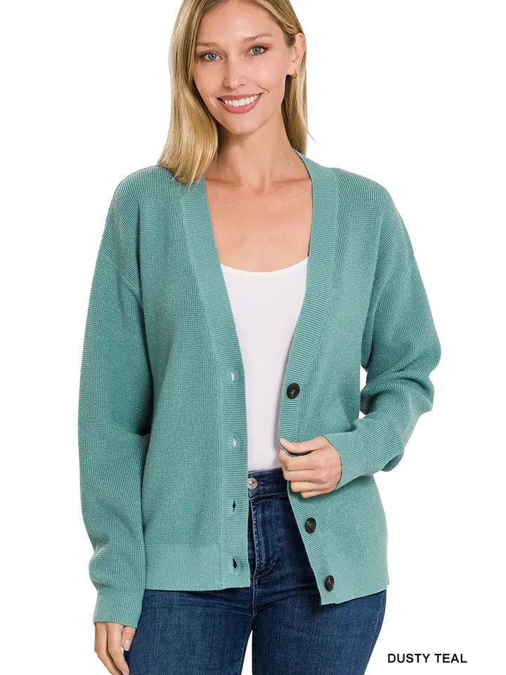 SI-23940 Drop Shoulder Button Front Viscose Sweater Cardigan