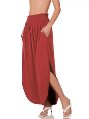 SI-23678 Smocked Waist Side Slit Maxi Skirt with Pockets