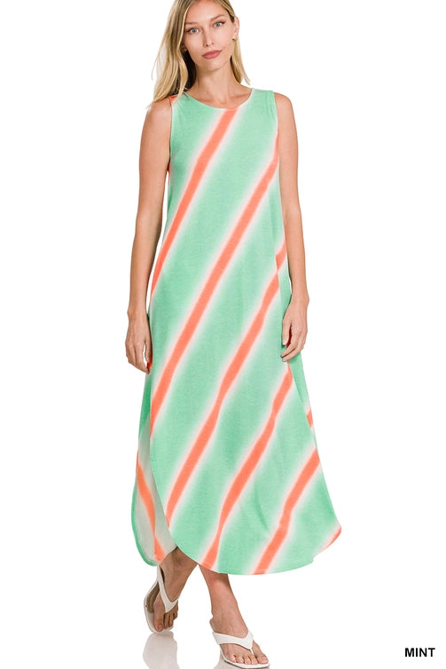 SI-23973 Diagonal Striped Print Sleeveless Maxi Dress with S