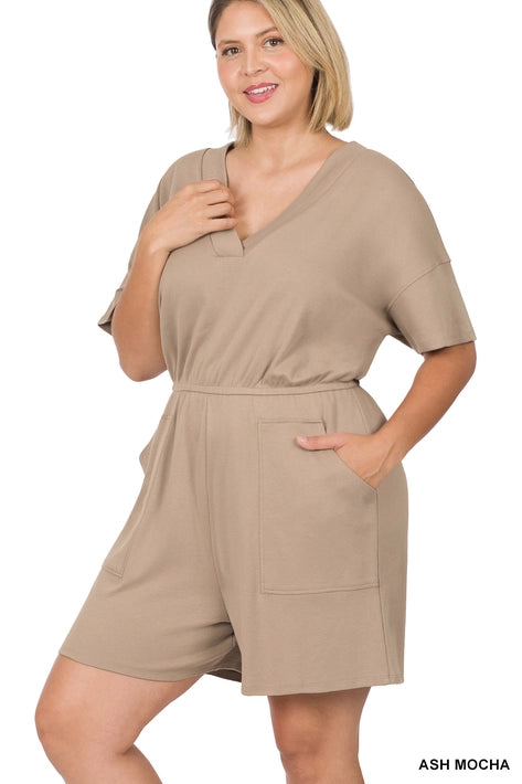 SI-22085 Plus Drop Shoulder V Neck Romper with Pockets