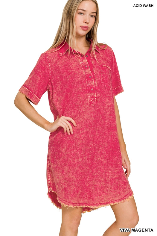 SI-25619 Washed Linen Raw Edge Button Down V-Neck Dress