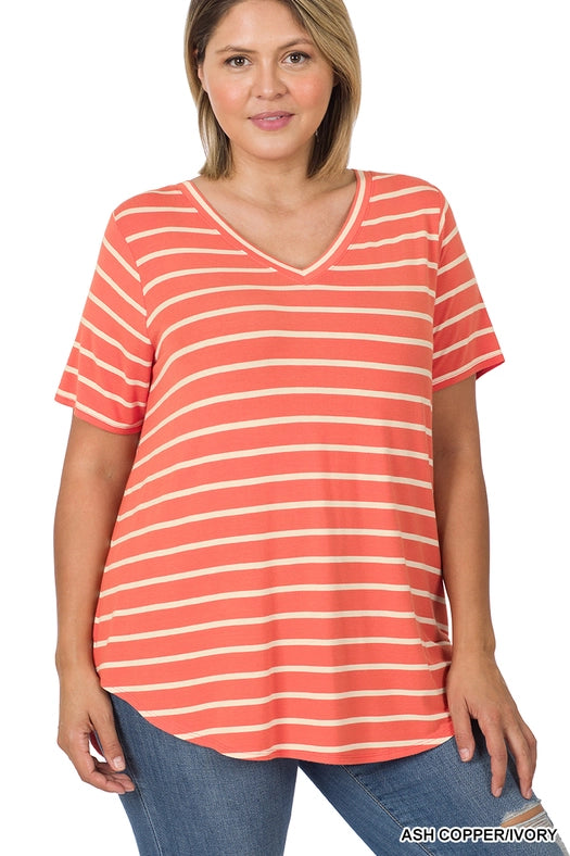 SI-22149 Plus Size Stripe V-Neck Short Sleeve Top