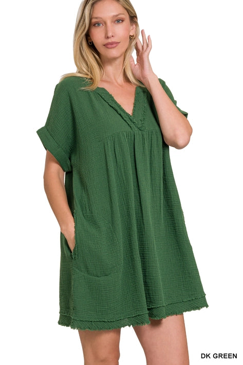 SI-23937 Rolled Short Sleeve Raw Edge V Neck Dress