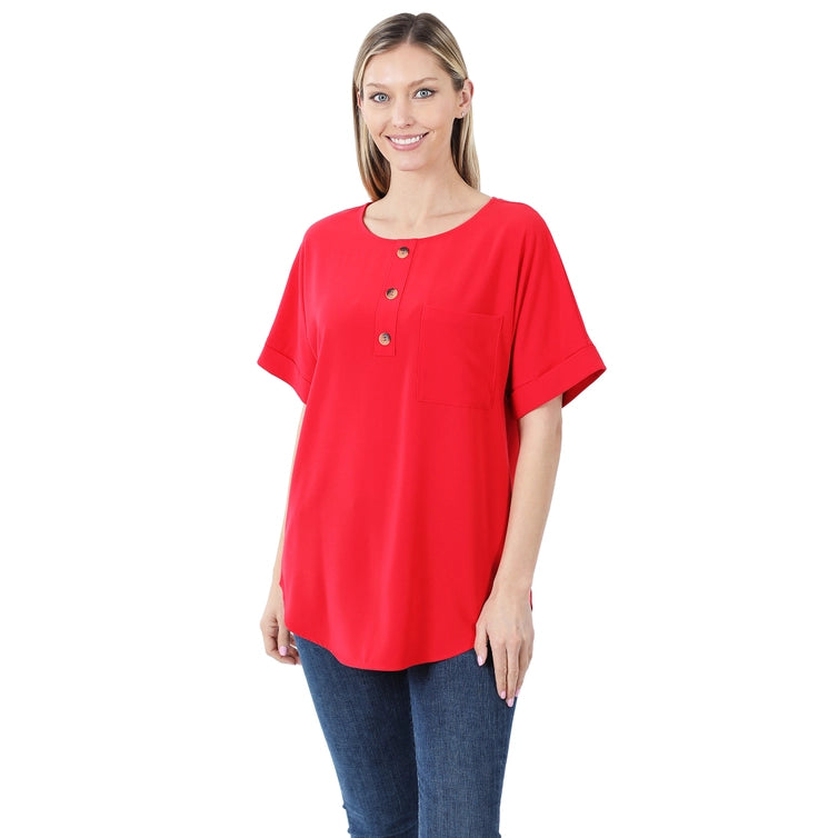 SI-19092 Woven Heavy Dobby Button Front Pocket Top