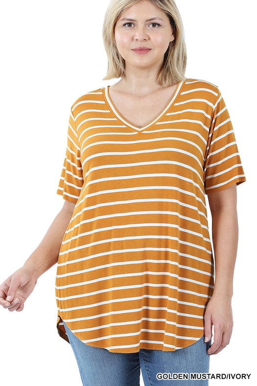 SI-22149 Plus Size Stripe V-Neck Short Sleeve Top