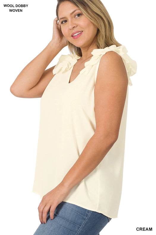 SI-22642 Plus Size Woven Wool Dobby Ruffle Trim Sleeveless Top