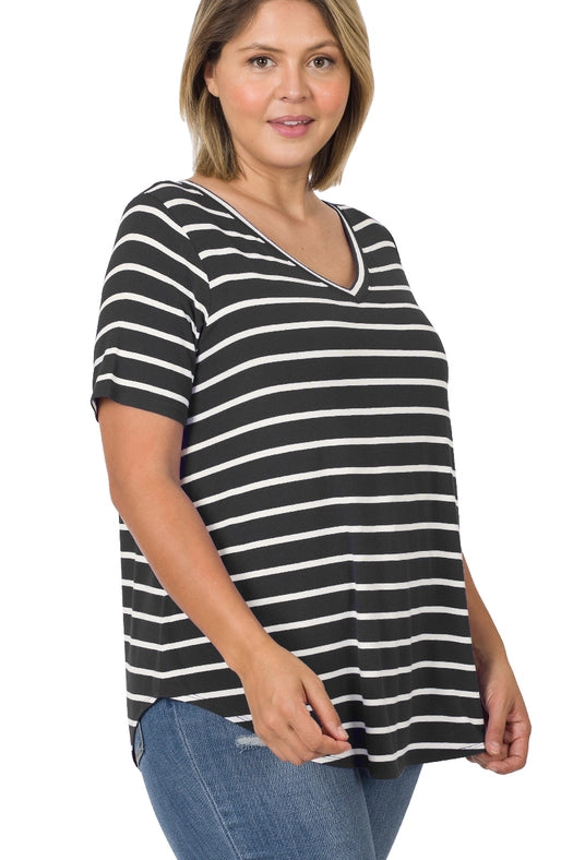 SI-22149 Plus Size Stripe V-Neck Short Sleeve Top