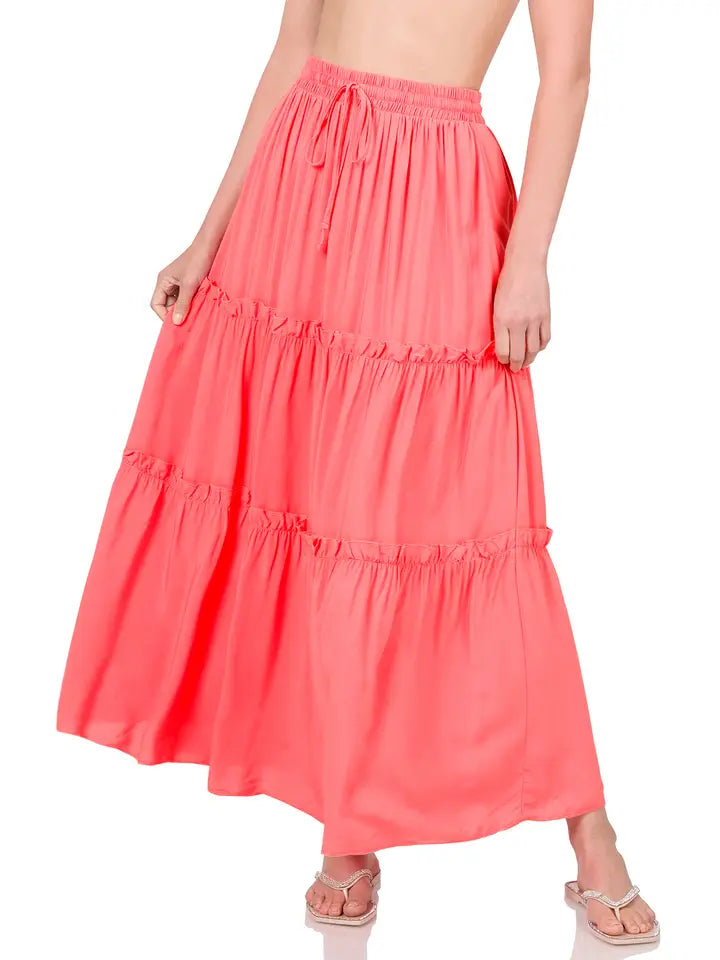 SI-23043 Woven Drawstring Waist Tiered Ruffle Maxi Skirt