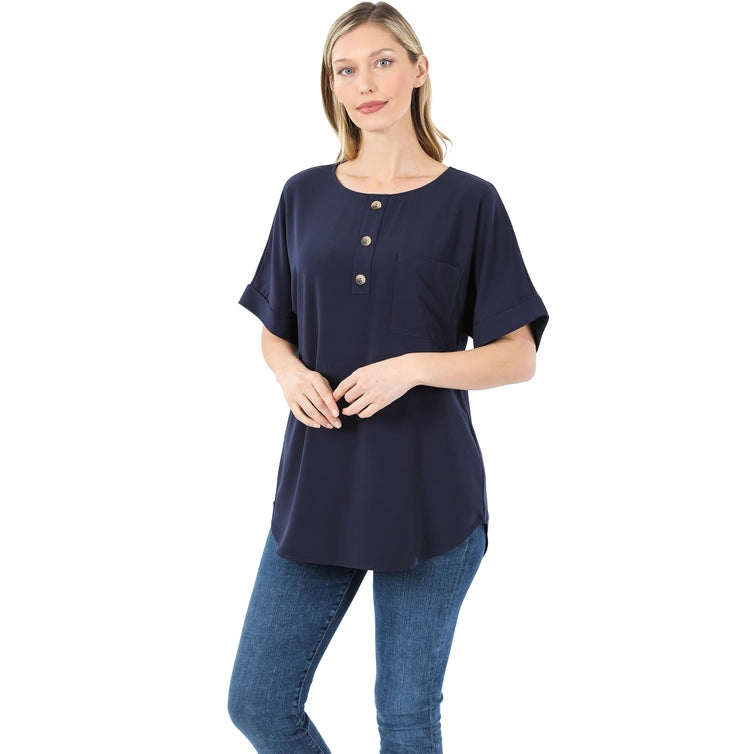 SI-19092 Woven Heavy Dobby Button Front Pocket Top