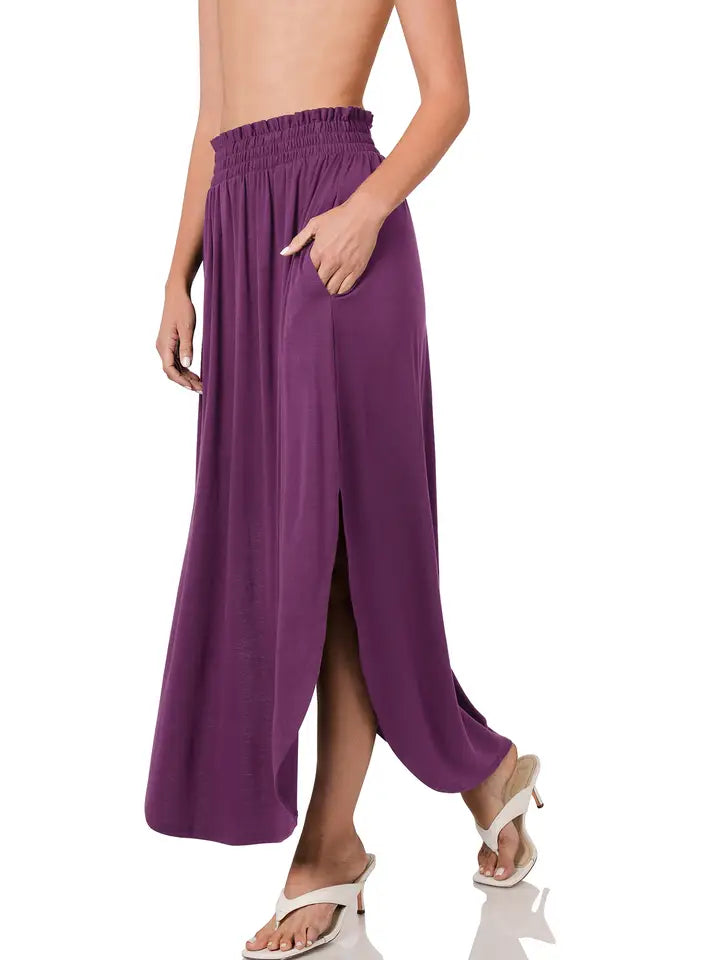 SI-23678 Smocked Waist Side Slit Maxi Skirt with Pockets