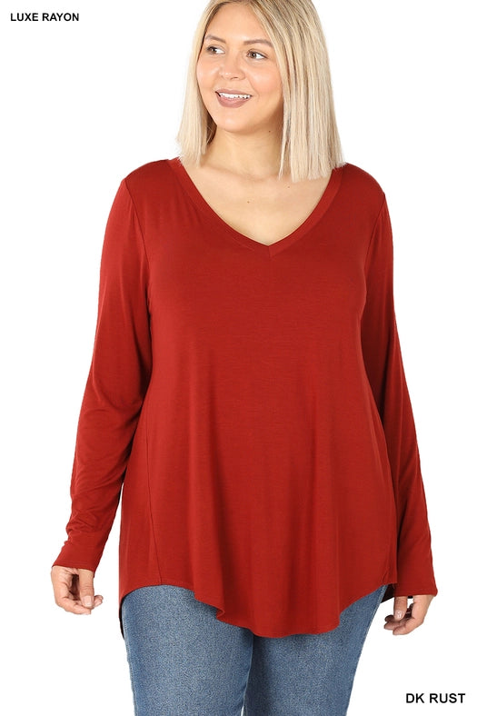 SI-15547 Plus Size Luxe Rayon Long Sleeve V-Neck Hi-Low Hem Top