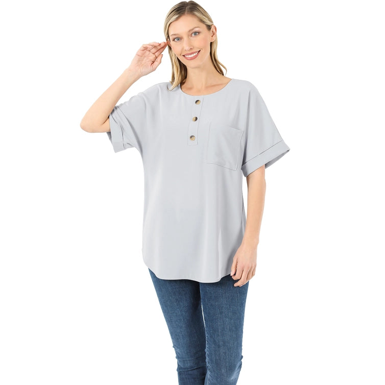 SI-19092 Woven Heavy Dobby Button Front Pocket Top