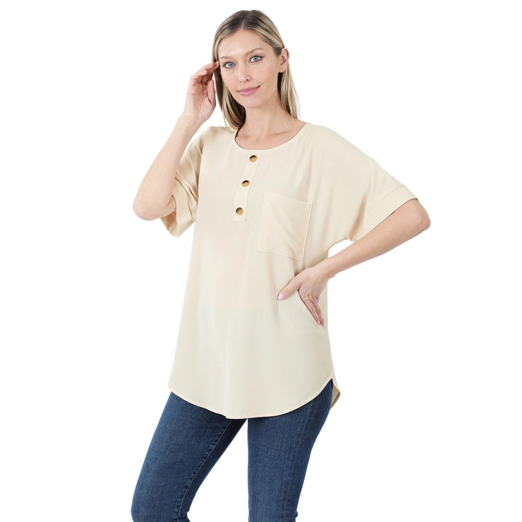 SI-19092 Woven Heavy Dobby Button Front Pocket Top