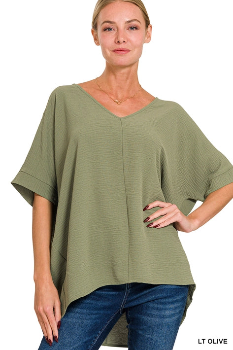 SI-24277 Woven Airflow V-Neck Dolman Short Sleeve Top