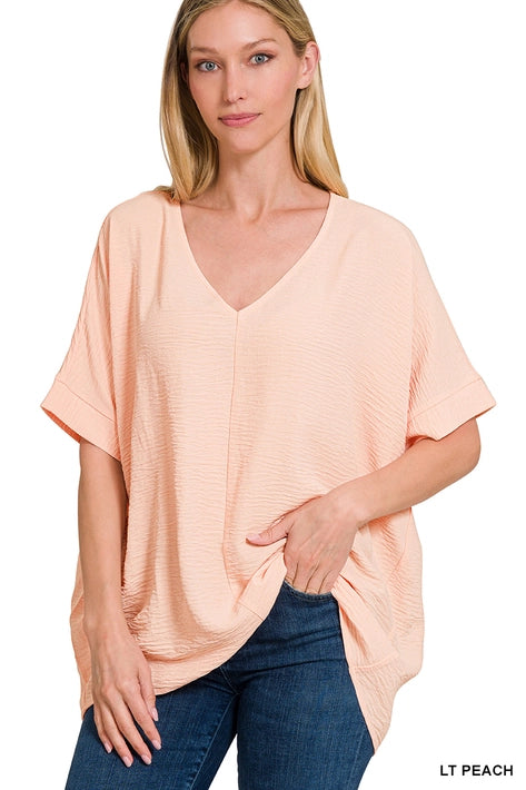 SI-24277 Woven Airflow V-Neck Dolman Short Sleeve Top