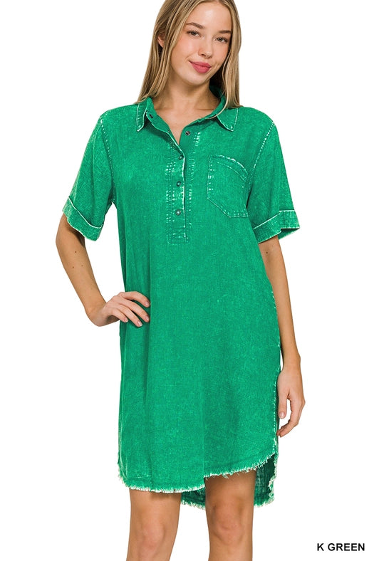 SI-25619 Washed Linen Raw Edge Button Down V-Neck Dress