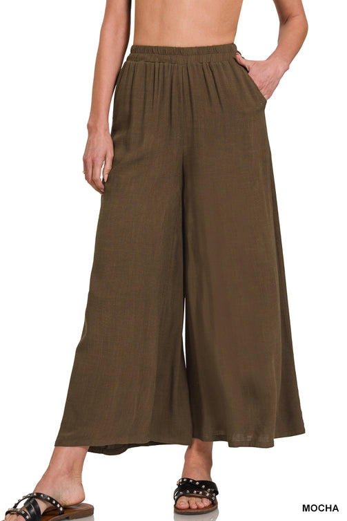 SI-25946 Elastic Waist Pocket Pleated Wide Leg Pants