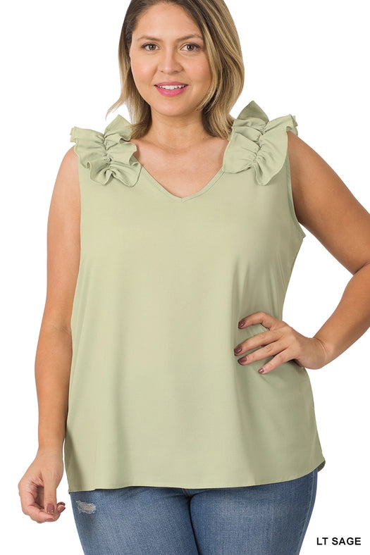 SI-22642 Plus Size Woven Wool Dobby Ruffle Trim Sleeveless Top