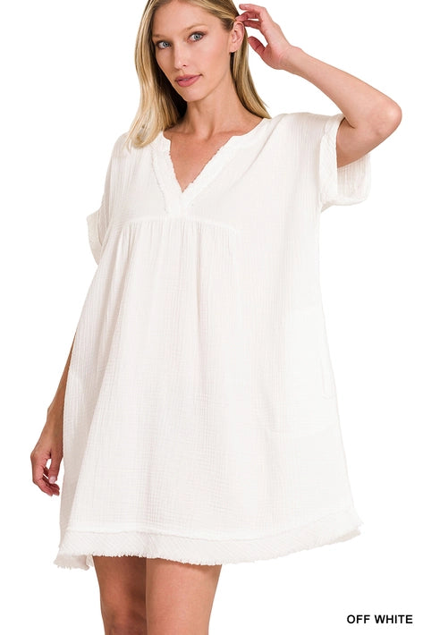 SI-23937 Rolled Short Sleeve Raw Edge V Neck Dress