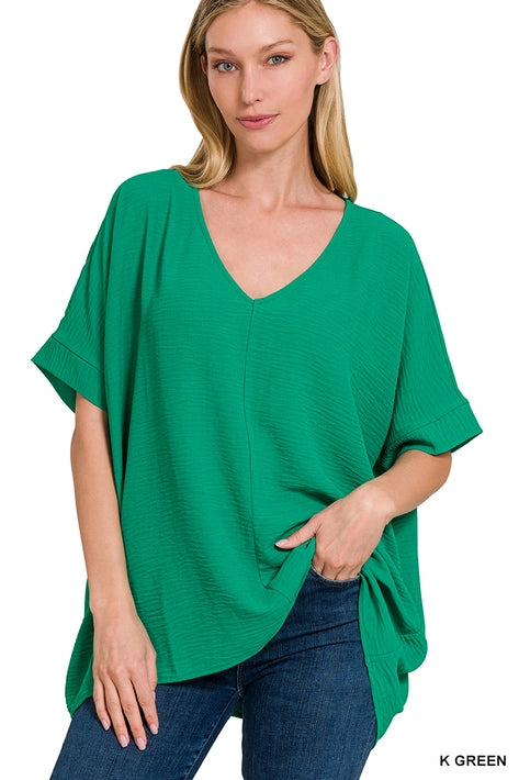 SI-24277 Woven Airflow V-Neck Dolman Short Sleeve Top