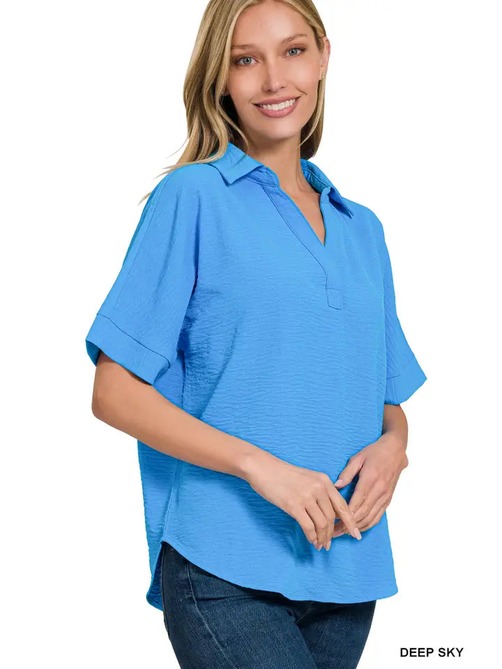 SI-25661 Woven Airflow Collared V-Neck Short Sleeve Top