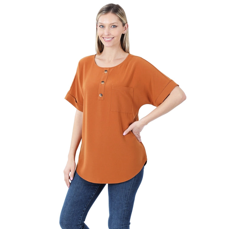 SI-19092 Woven Heavy Dobby Button Front Pocket Top