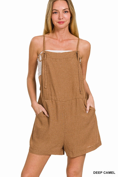 SI-25898 Washed Linen Knot Strap Rompers