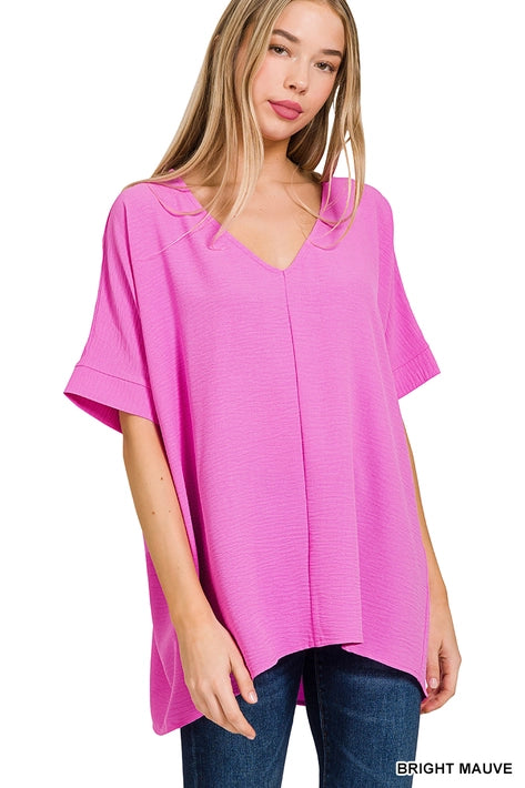 SI-24277 Woven Airflow V-Neck Dolman Short Sleeve Top