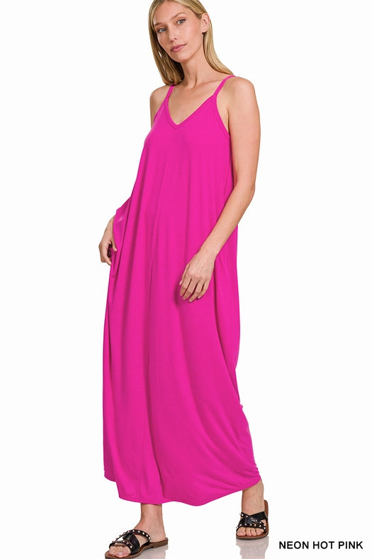 SI-25491 V-Neck Cami Maxi Dress with Side Pockets