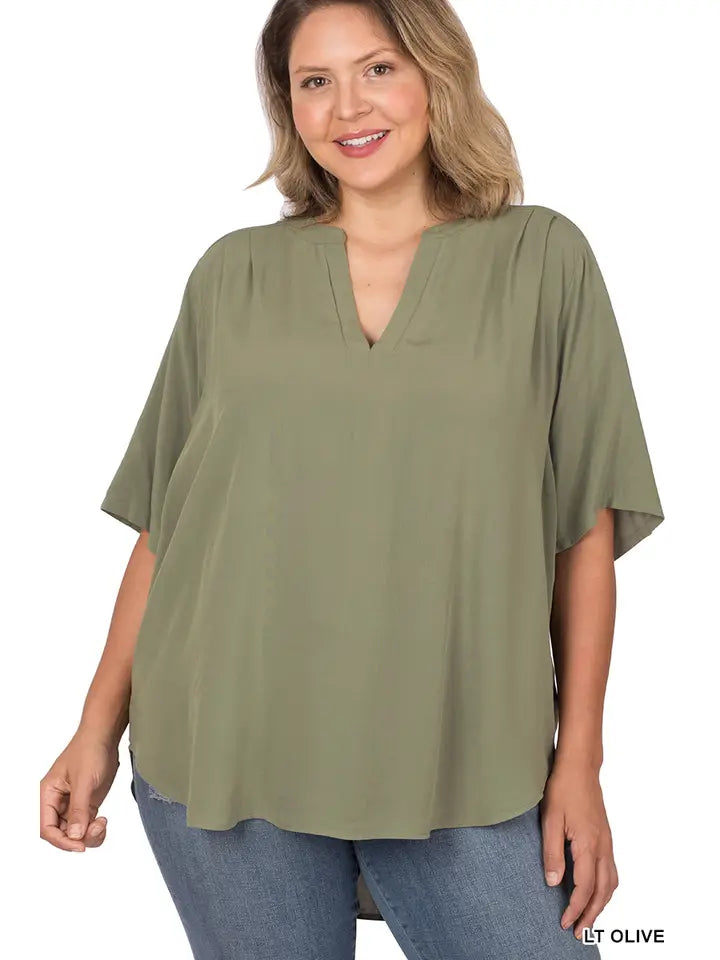 SI-22863 Plus Size Woven Split Neck Short Sleeve Top