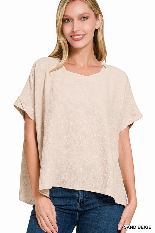 SI-25649 Woven Bubble Airflow Round Neck Short Sleeve Top