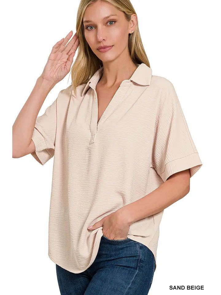 SI-25661 Woven Airflow Collared V-Neck Short Sleeve Top