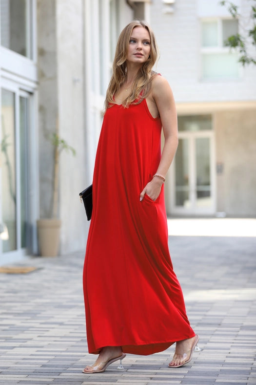 SI-25491 V-Neck Cami Maxi Dress with Side Pockets