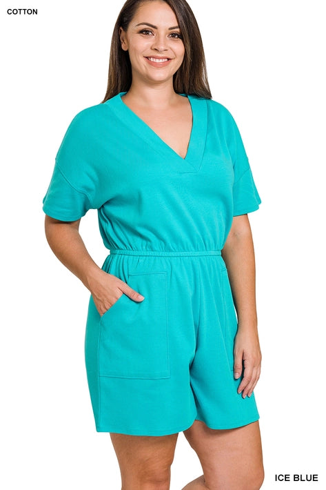 SI-22085 Plus Drop Shoulder V Neck Romper with Pockets