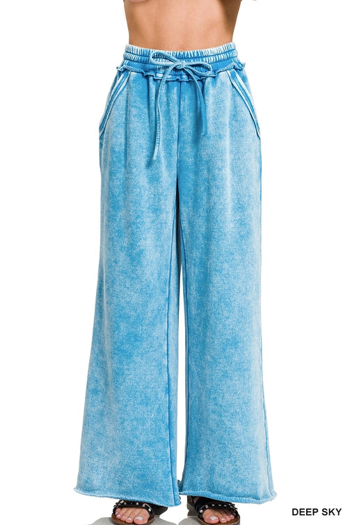 SI-26056 Acid Wash Fleece Palazzo Sweatpants with Pockets