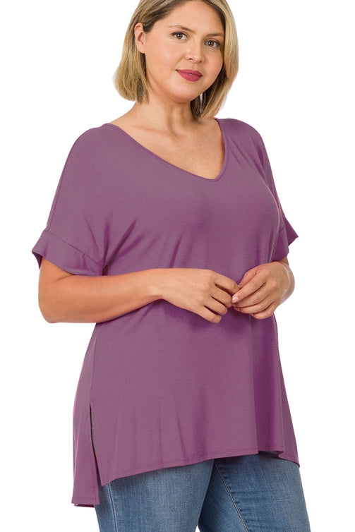 SI-21983 Plus Size Real Modal Short Sleeve V-Neck Top