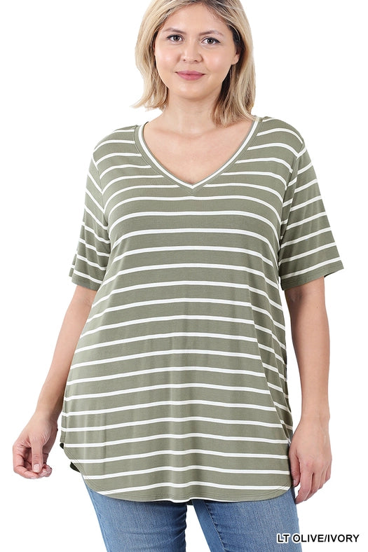 SI-22149 Plus Size Stripe V-Neck Short Sleeve Top