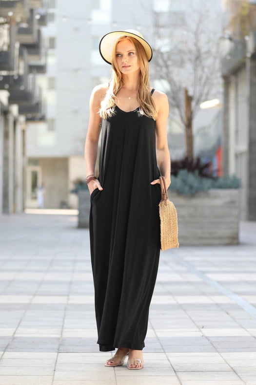 SI-25491 V-Neck Cami Maxi Dress with Side Pockets