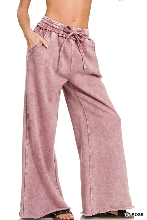 SI-26056 Acid Wash Fleece Palazzo Sweatpants with Pockets