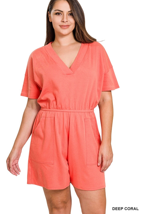 SI-22085 Plus Drop Shoulder V Neck Romper with Pockets