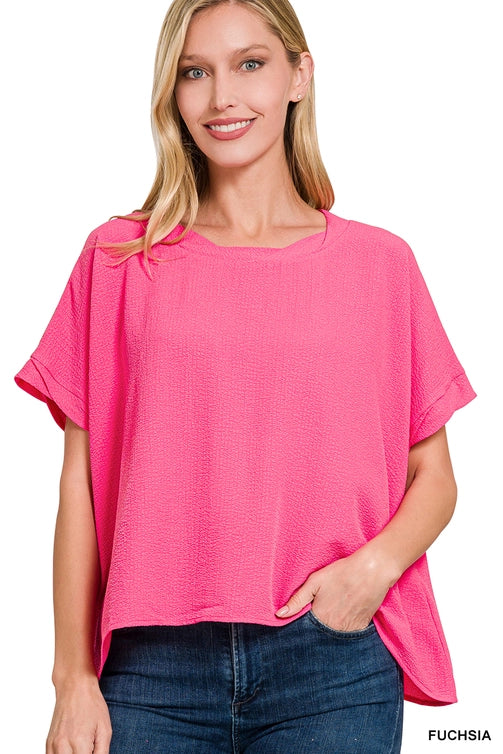 SI-25649 Woven Bubble Airflow Round Neck Short Sleeve Top