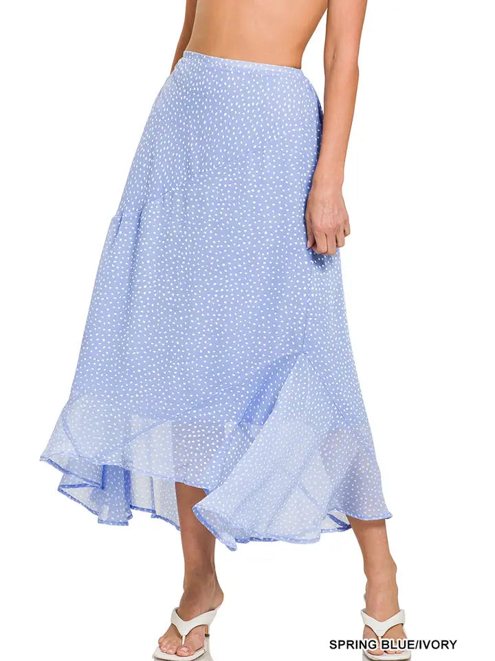 SI-23982 Polka Dot Print Hanky Hem Elastic Waist Maxi Skir