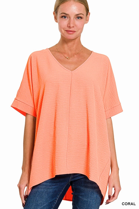 SI-24277 Woven Airflow V-Neck Dolman Short Sleeve Top