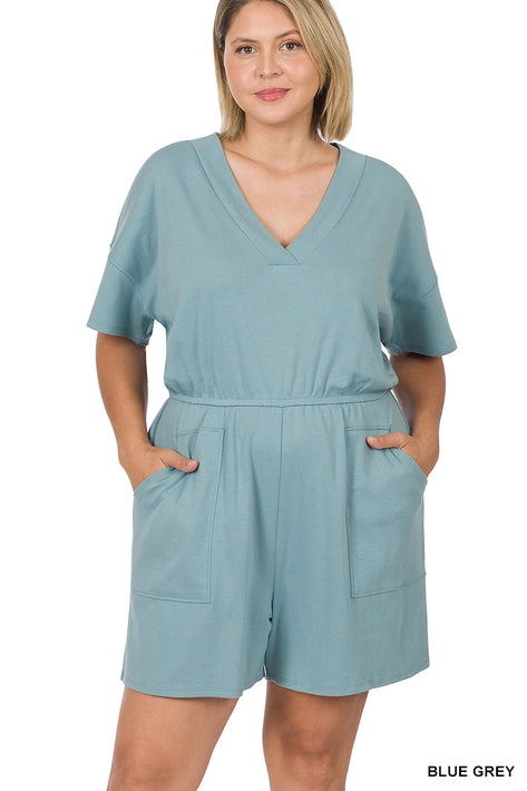 SI-22085 Plus Drop Shoulder V Neck Romper with Pockets