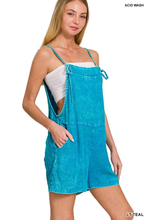 SI-25898 Washed Linen Knot Strap Rompers