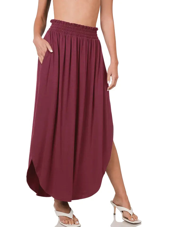 SI-23678 Smocked Waist Side Slit Maxi Skirt with Pockets