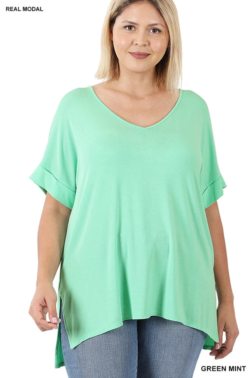 SI-21983 Plus Size Real Modal Short Sleeve V-Neck Top