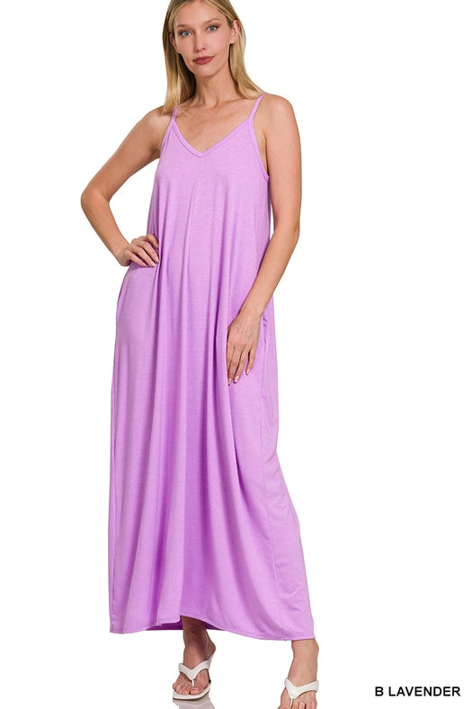 SI-25491 V-Neck Cami Maxi Dress with Side Pockets