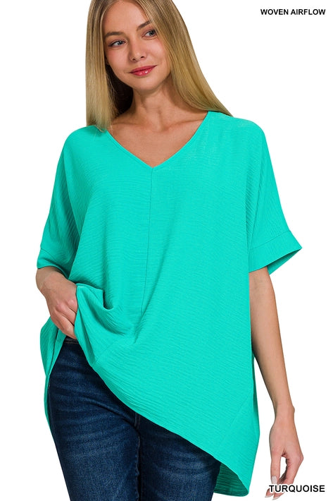 SI-24277 Woven Airflow V-Neck Dolman Short Sleeve Top